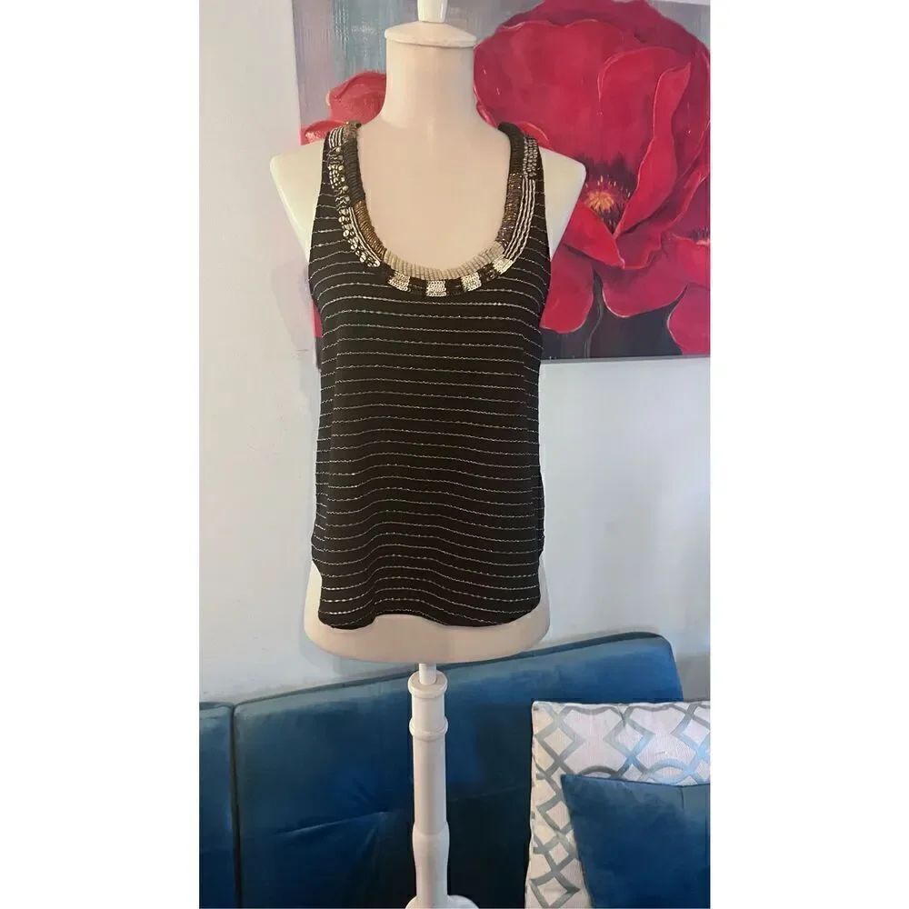 FREE PEOPLE BLACK SLEEVELESS BEADED NECKLINE TOP SZ XS